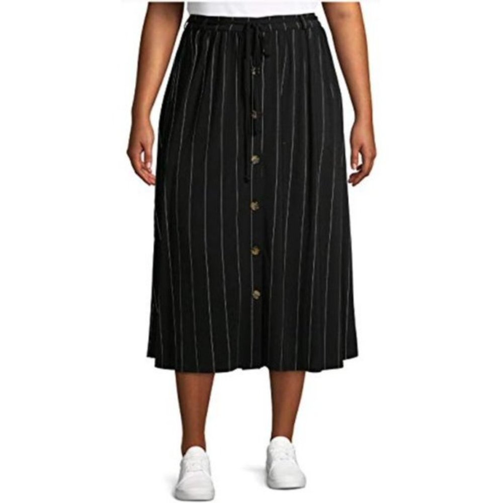 Terra & Sky Black Pinstripe Button-Front Midi Skirt